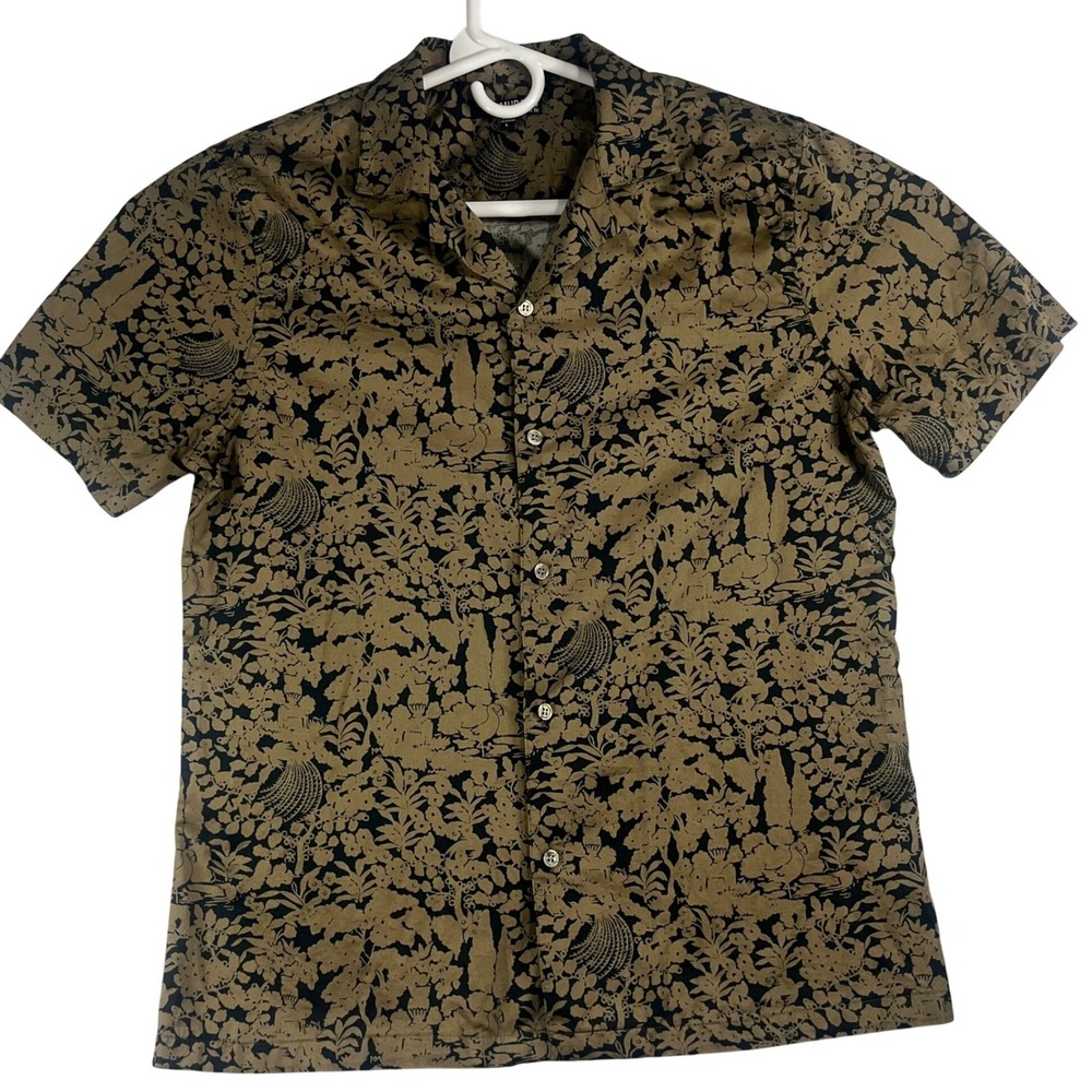 Murano Slim Fit Shirt L Black Brown Botanical Print Cotton Camp Shirt